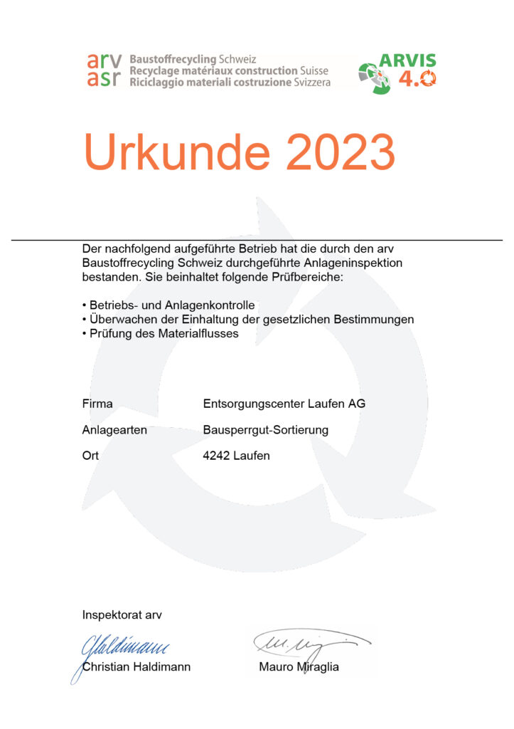 Urkunde 23 ECJL AG Entsorgung Mulden Laufen Recycling