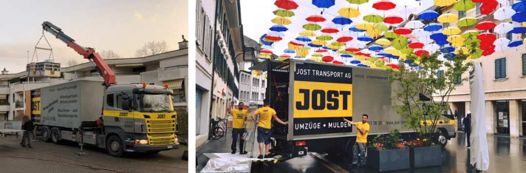 Jost Transport LKW Kran und LKWs am Zügeln. Umzüge Basel und Schweizweit
