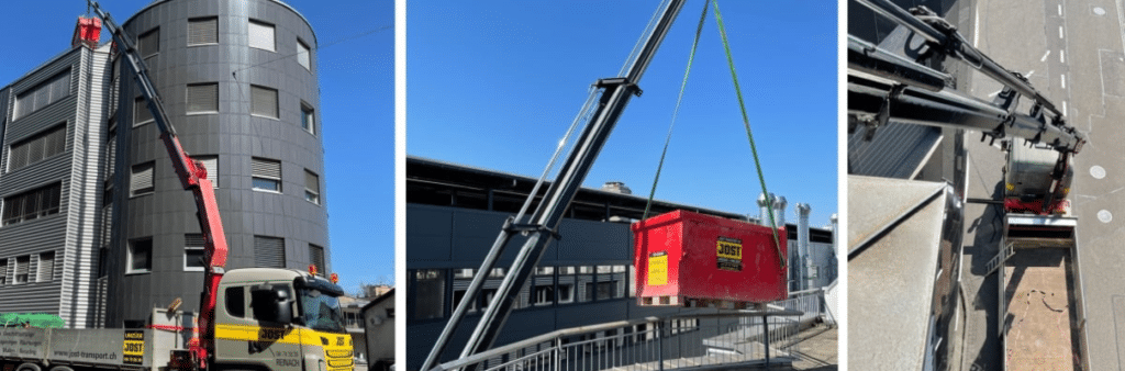 Mulde Platzierung auf Hochhaus-Dach mit LKW Kran. Mulden Basel