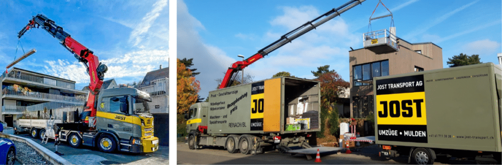 Jost Transport Unternehmen mit LKW Kran und LKWs am Zügeln. Umzüge Basel und Schweizweit