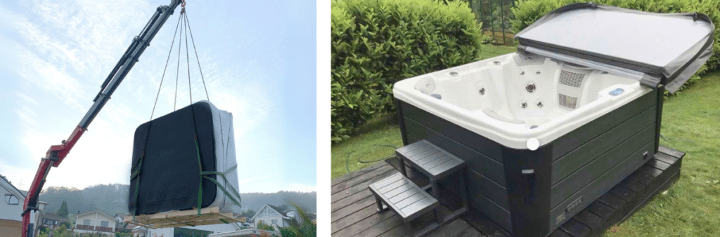 LKW Kran im Einsatz bei dem Spezialtransport von einem Jacuzzi